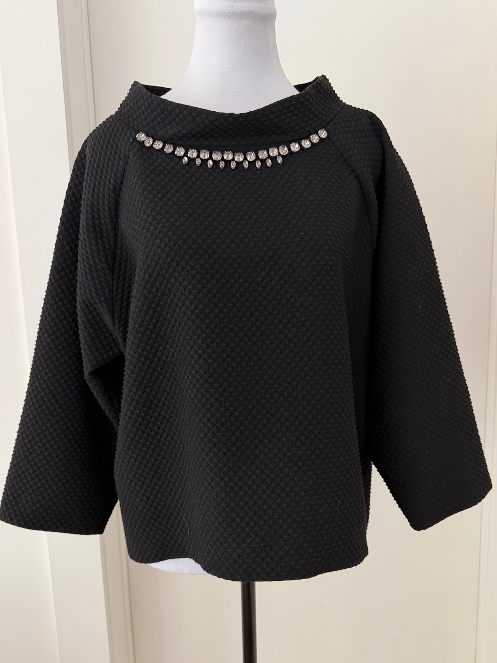 WEEKEND MAX MARA Textured Pullover Top Rhinestone Embellished Boat Neck Luxury